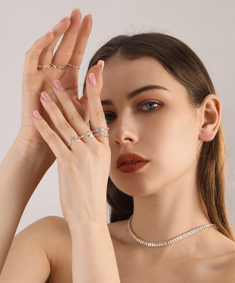 FUNEIA 8PCS Adjustable Rings for Women, Silver Stackable Knuckle Rings for Women, Arrow Knot Wave Open Stacking Dainty Thumb Rings Set - Image 2